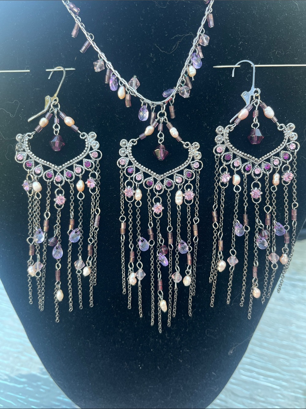 Purple/Pink/Cream Chandelier Rhinestones & Chains Necklace/Earrings Set